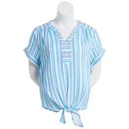Plus Size Ruby Rd. Bali Blue Short Sleeve Embroidered Stripe Top