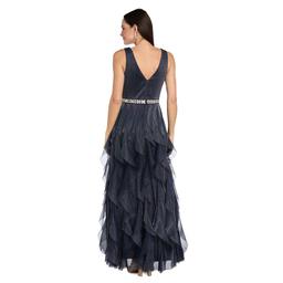 Womens R&M Richards Sleeveless Beaded Trim Waist Ruffle Gown