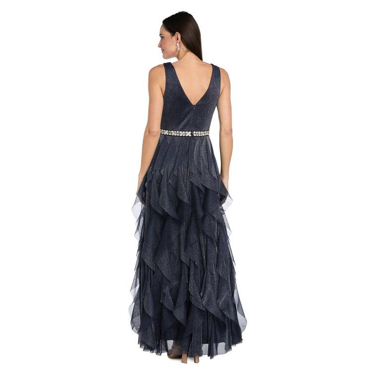 Womens R&M Richards Sleeveless Beaded Trim Waist Ruffle Gown