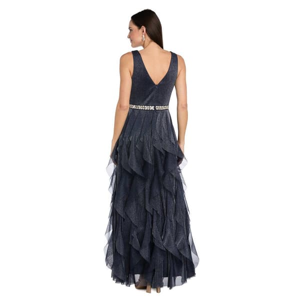 Womens R&M Richards Sleeveless Beaded Trim Waist Ruffle Gown