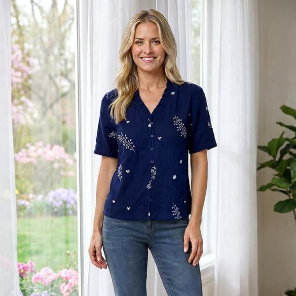 Womens Nicole Miller Ruffle Sleeve V-Neck Embroidered Blouse