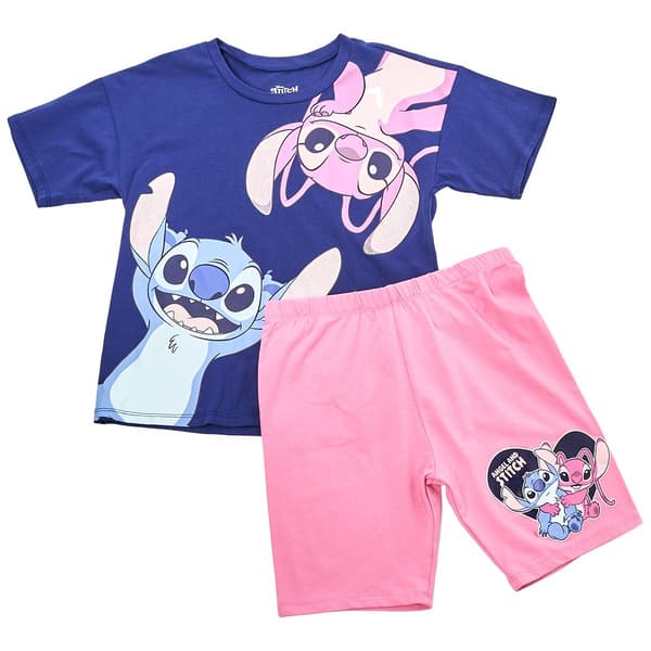 Girls (7-12) Disney Stitch & Angel Tee w/ Heart Bike Short Set