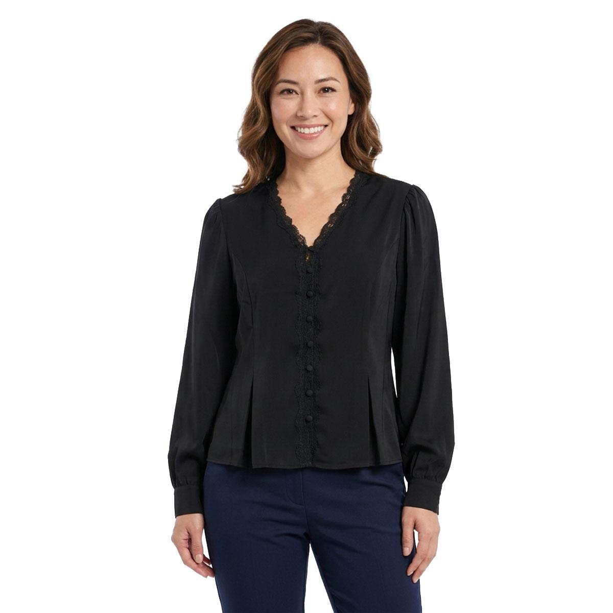 Womens Adrianna Papell Long Sleeve V-Neck Lace Trim Silk Blouse