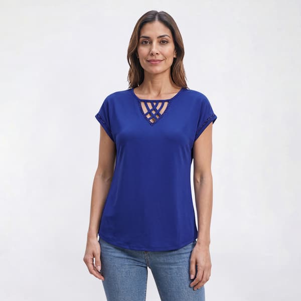 Womens Love Scarlet Cap Sleeve Crisscross Keyhole Neck Blouse - image 