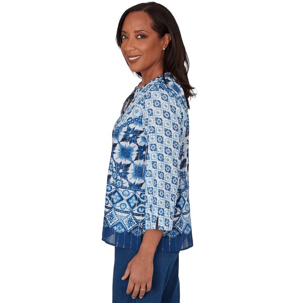 Womens Alfred Dunner Indigo Girls 3/4 Sleeve Patchwork Blouse