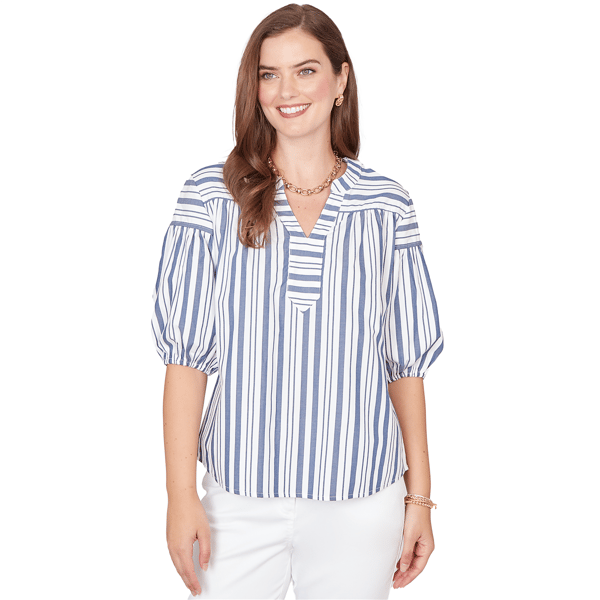 Womens Ruby Rd. French Riviera Elbow Puff Sleeve Stripe Blouse - image 