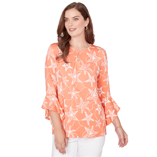 Womens Ruby Rd. Seas The Day Flutter Sleeve Starfish Blouse - image 
