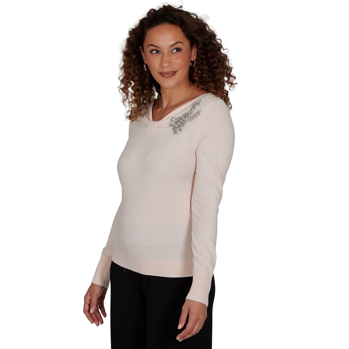 Plus Size Emaline Soiree Long Sleeve V-Neck Embellished Sweater