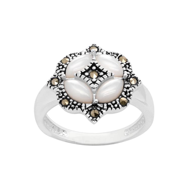 Marsala Silver Plated Marcasite & Mother of Pearl Ring