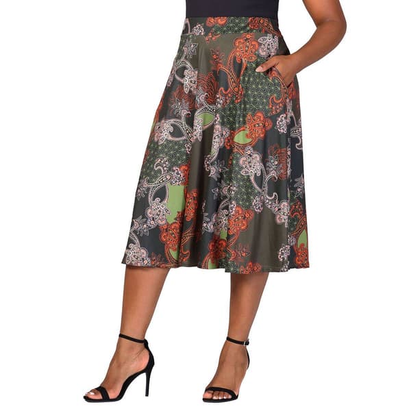 Plus Size 24/7 Comfort Apparel Paisley Elastic Waist Midi Skirt