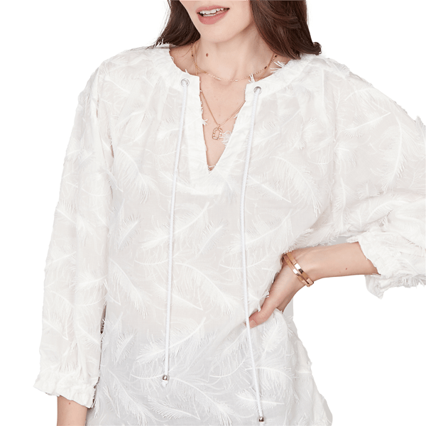 Petite Skye’s the Limit Fresh Start Feather Embroidery Blouse