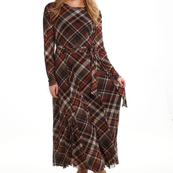 Womens Sandra Darren Long Sleeve Tie Waist Plaid Mesh Dress