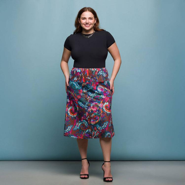 Plus Size 24/7 Comfort Apparel Brown Paisley Knee Length Skirt