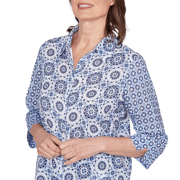 Petite Alfred Dunner Mykonos Geometric Button Front Blouse