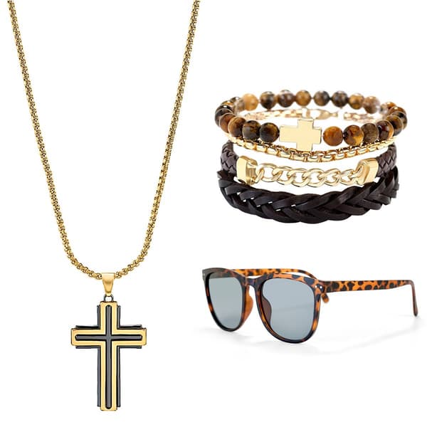 Mens American Exchange Cross Pendant/Bracelet/Sunglasses Set