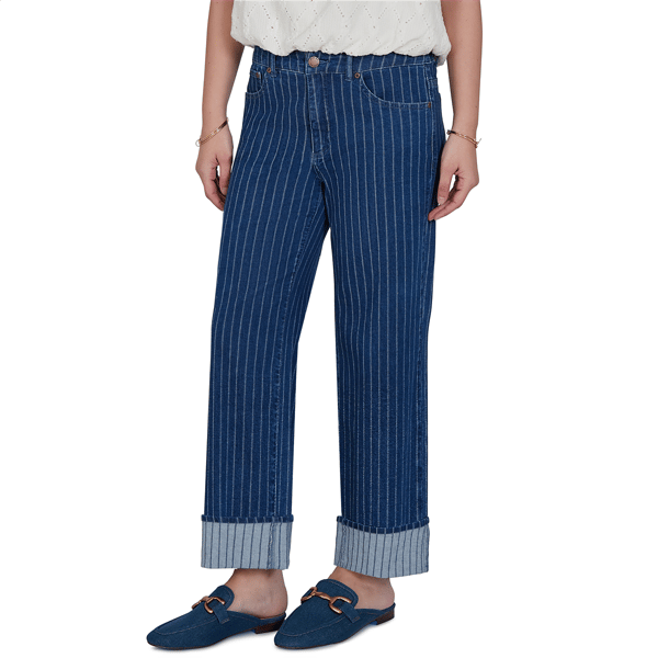 Womens Ruby Rd. Game of Luxe Pinstripe Wide Cuff Jeans