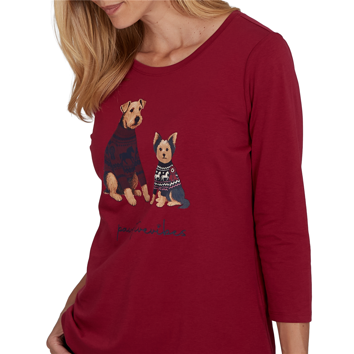 Womens Ruby Rd. Must Haves II 3/4 Sleeve Pawsitive Vibes Tee