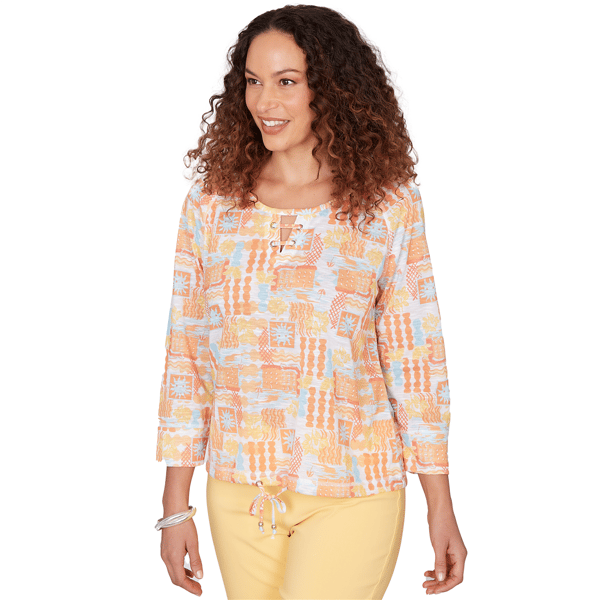 Womens Hearts of Palm Fun in the Sun 3/4 Sleeve Tie Hem Blouse