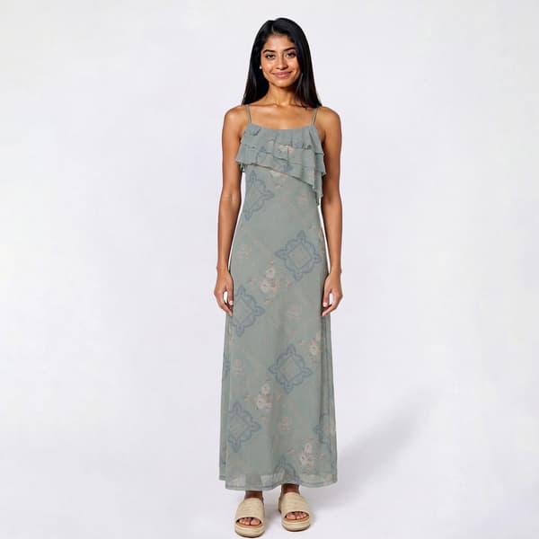 Juniors Pink Rose Printed Mesh Empire Ruffle Maxi Dress - Sage - image 