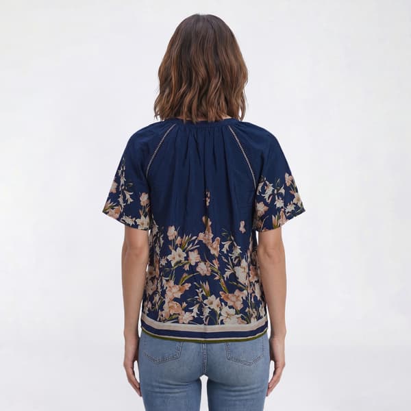 Womens Como Black Short Flutter Sleeve Tie Neck Floral Blouse