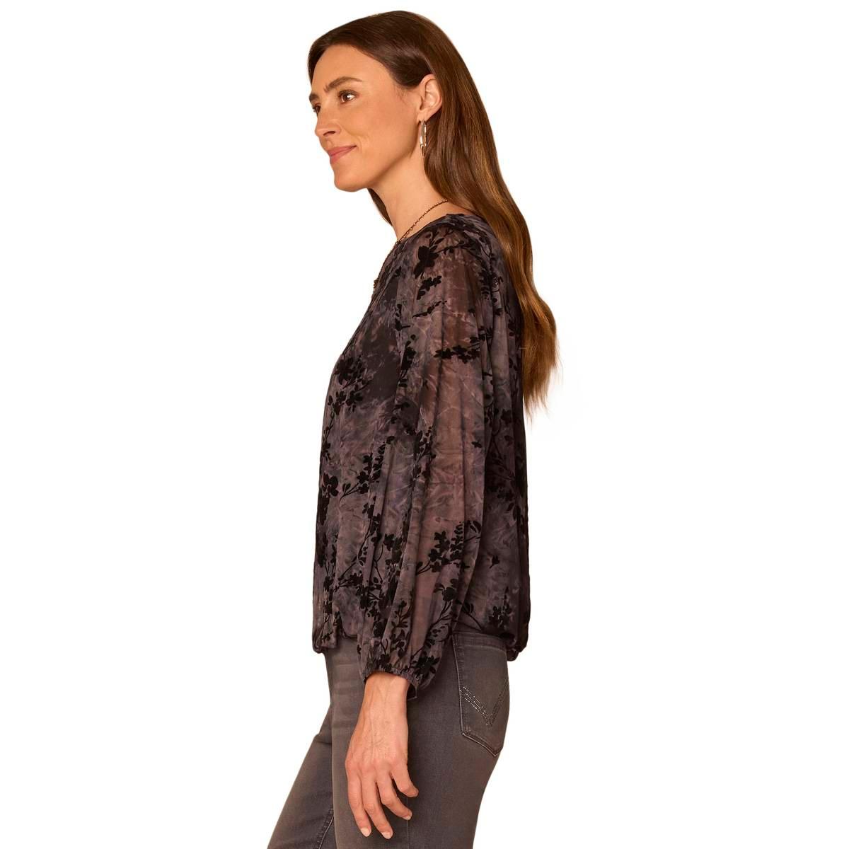 Petite Democracy Long Blouson Sleeve Bubble Hem Abstract Blouse