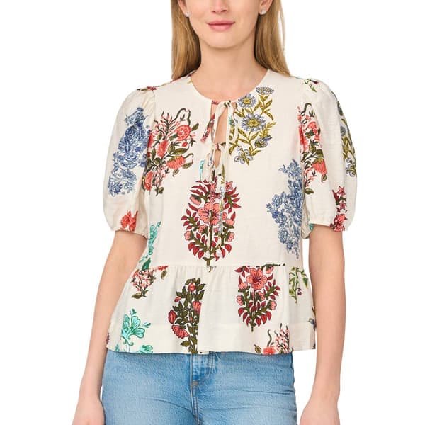 Womens Cece Elbow Sleeve Tie Neck Floral Peplum Top