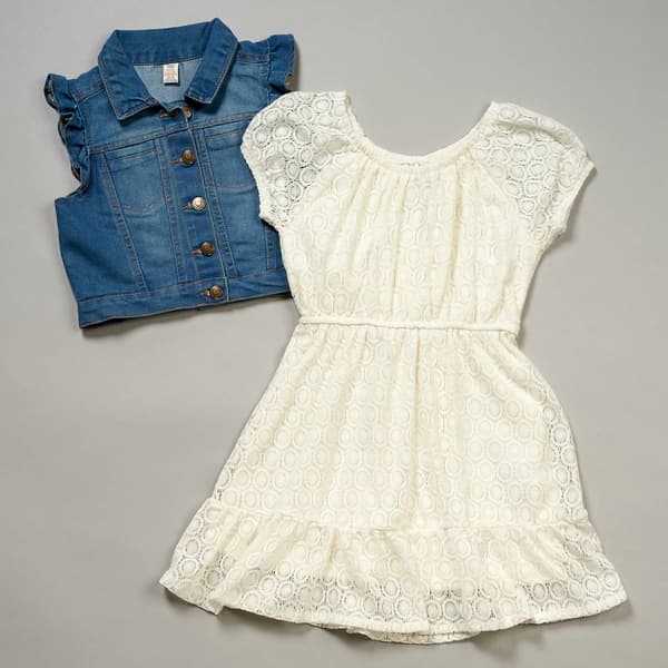 Girls &#40;7-16&#41; Sweet Butterfly&#40;R&#41; Lace Dress & Denim Vest - image 