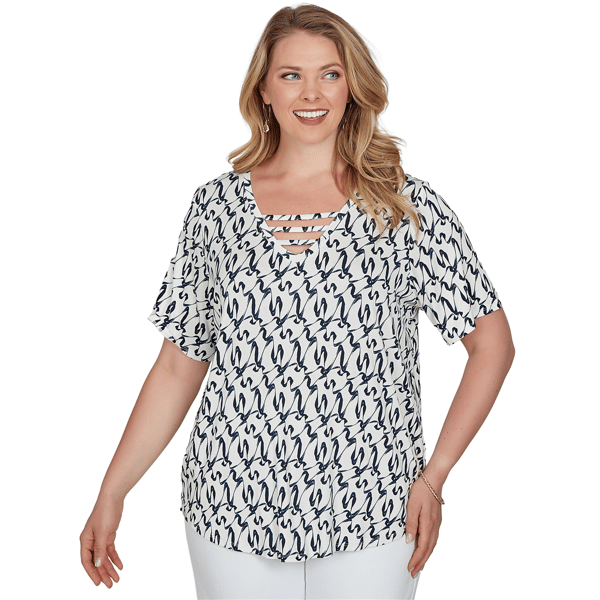 Plus Size Emaline Key Items Short Sleeve Abstract V Neck Blouse - image 