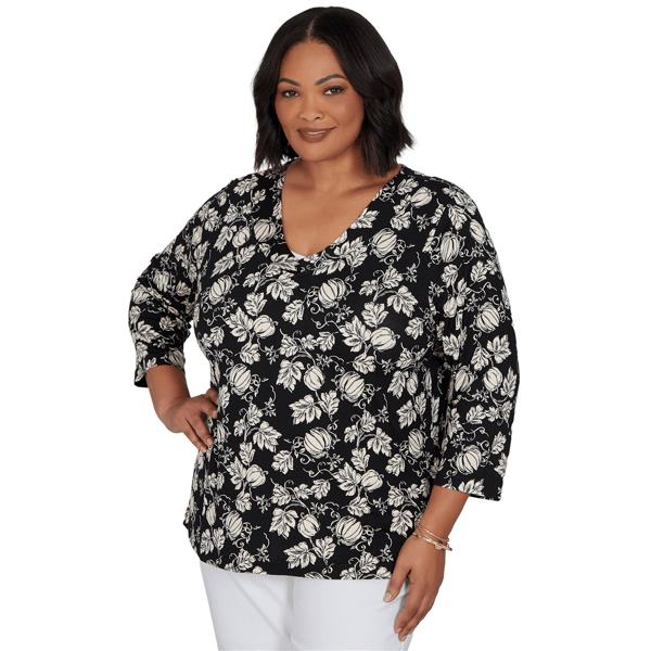 Plus Size Emaline Key Items 3/4 Sleeve V Neck Pumpkin Tee
