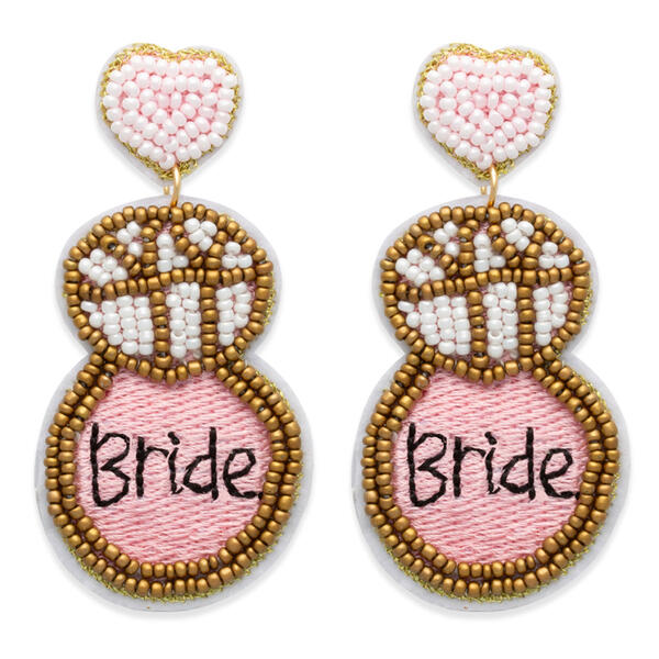Bridal Pink Heart Seed Bead Diamond Ring Drop Earrings - image 