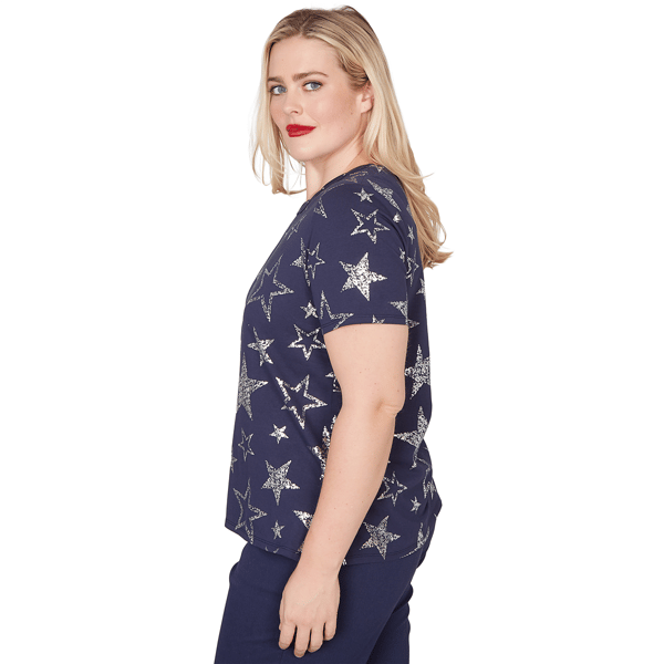 Petite Alfred Dunner Lady Liberty Short Sleeve Foil Stars Blouse