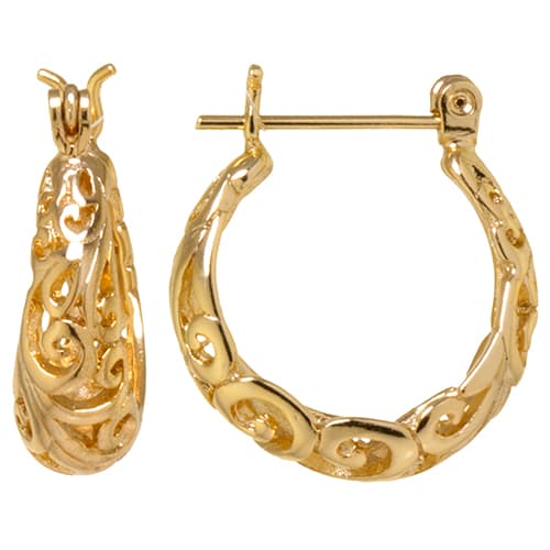 Gold Over Fine Silver Plated Filigree Hoop Earrings - image 