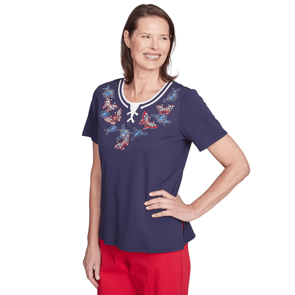 Womens Alfred Dunner Land of the Free Round Neck Butterfly Tee