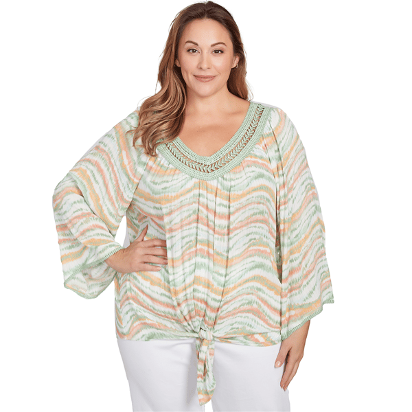 Plus Women''s Crochet V-Neck Stripe Print Crepon Tie Front Top - image 