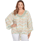 Plus Women''s Crochet V-Neck Stripe Print Crepon Tie Front Top - image 1