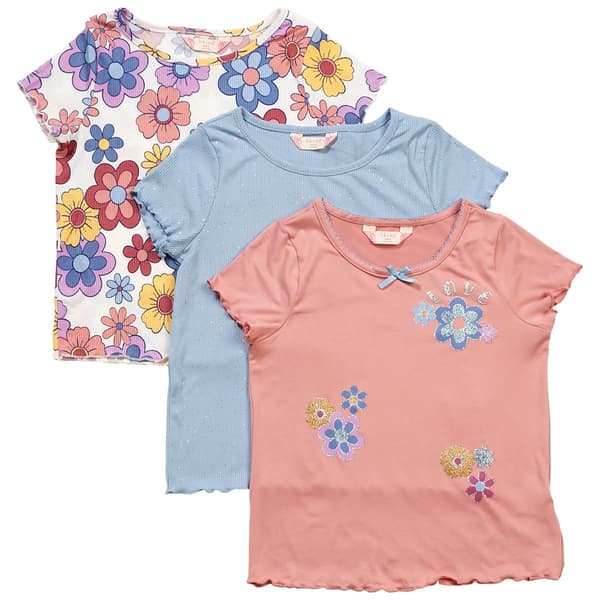 Girls (7-12) Bkind 3pk. Short Sleeve Flower Glitter Tees - image 