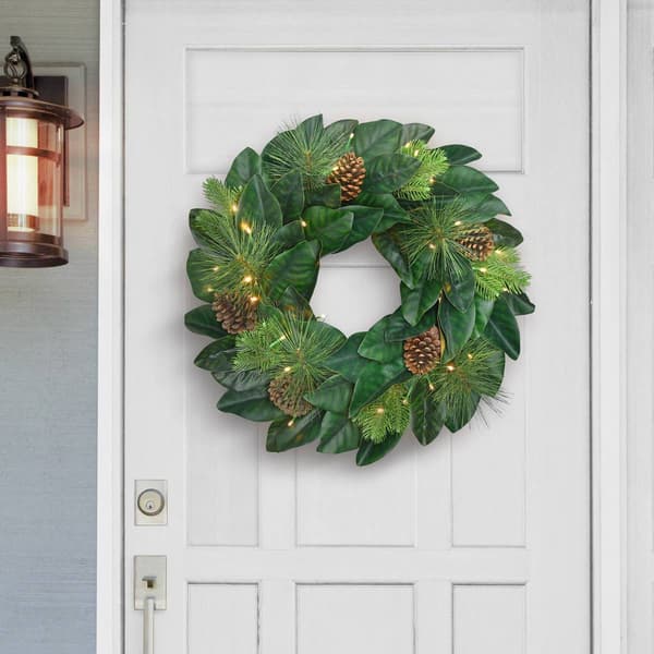 Puleo International 24in. Pre-Lit Magnolia Artificial Wreath