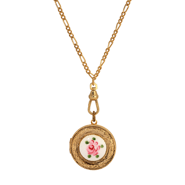 1928 28in. Gold-Tone Pink Flower Decal Locket Necklace