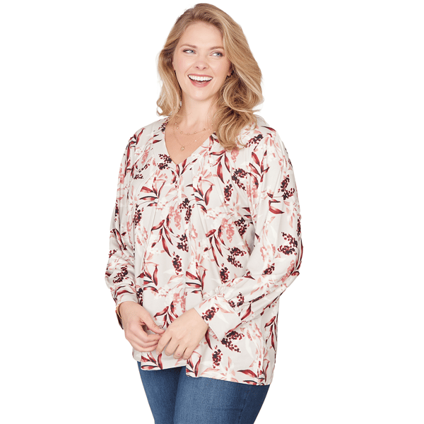 Plus Size Emaline Dusted Petals Long Sleeve V Neck Pintuck Blouse