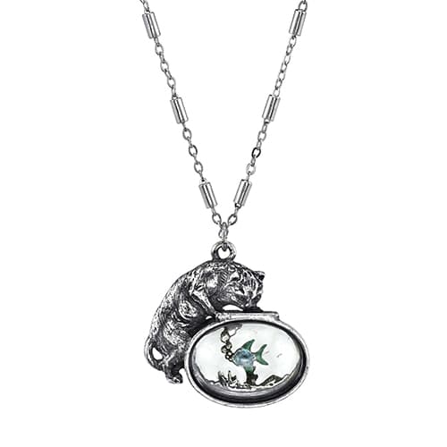 1928 Cat with Blue Enamel Fish in Glass Fishbowl Necklace - image 