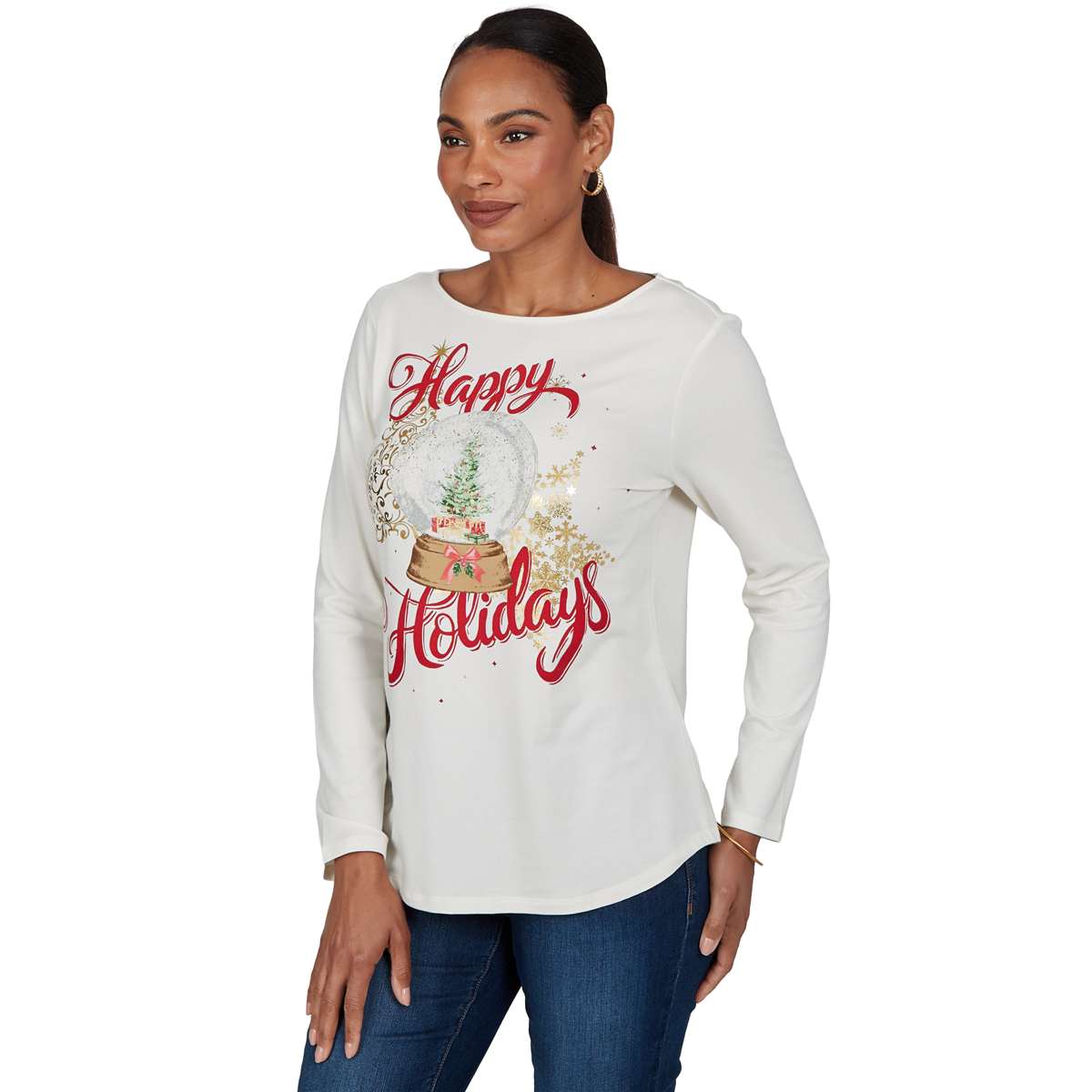 Petite Ruby Rd. Happy Holidays Long Sleeve Snow Globe Tee
