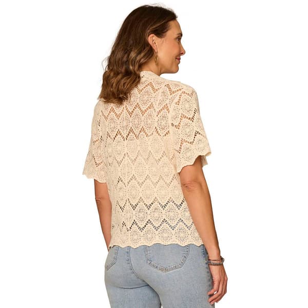 Womens Democracy Short Sleeve Crochet Button Down Blouse