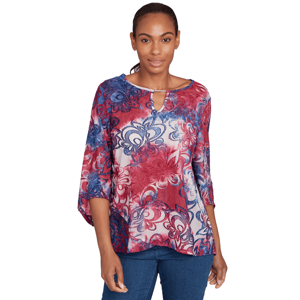 Petite Ruby Rd. Indigo Go Tie Dye Floral Jacquard Top