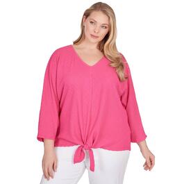 Plus Size Ruby Rd. Bright Blooms Solid Pucker Tie Front Blouse