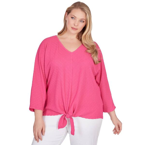Plus Size Ruby Rd. Bright Blooms Solid Pucker Tie Front Blouse - image 