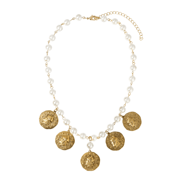 1928 16in. Gold-Tone Coin White Faux Pearl Necklace
