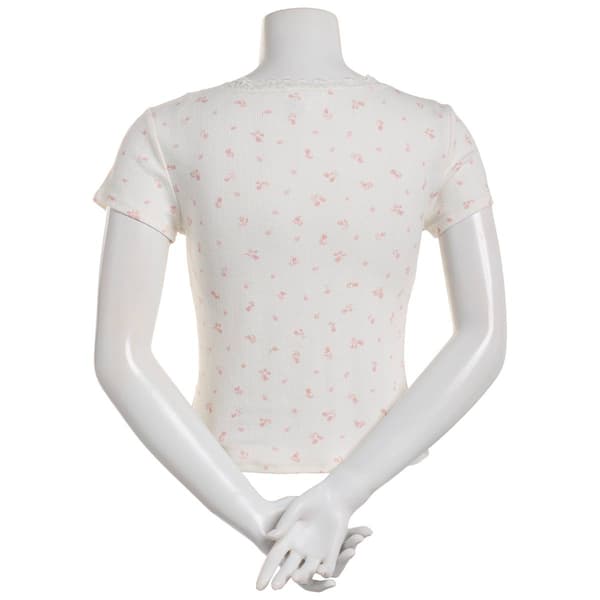 Juniors Pink Rose Short Sleeve Pointelle Ditsy Lace Trim Tee