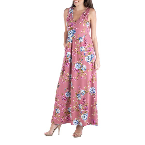 Womens 24/7 Comfort Apparel Pink Floral Sleeveless Maxi Dress
