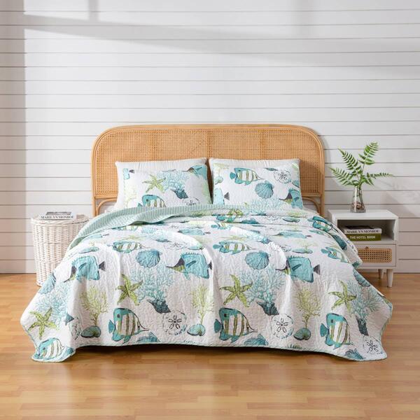 FreshFolds 3pc. Coastal Fish Themed Bedspread Quilt Set - image 