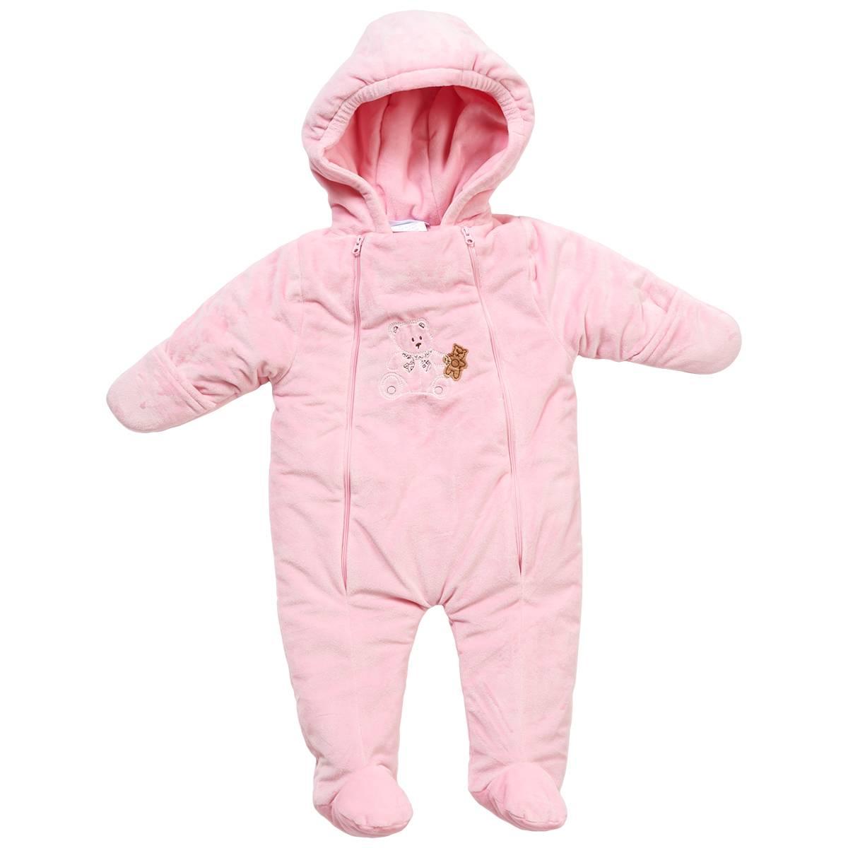Baby Girl (NB-6M) Baby Dove Pink Bear Applique Plush Jumpsuit